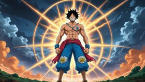 Luffy in Gear Fourth standing proudly in front of the Wano Kingdom, with the Straw Hat Pirates and allies preparing for their next adventure in One Piece Chapter 1136.